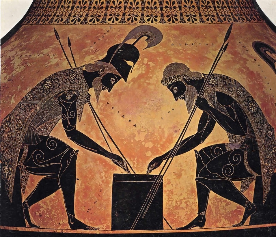 Attic black-figure amphora showing Achilles and Ajax playing a board game in armour