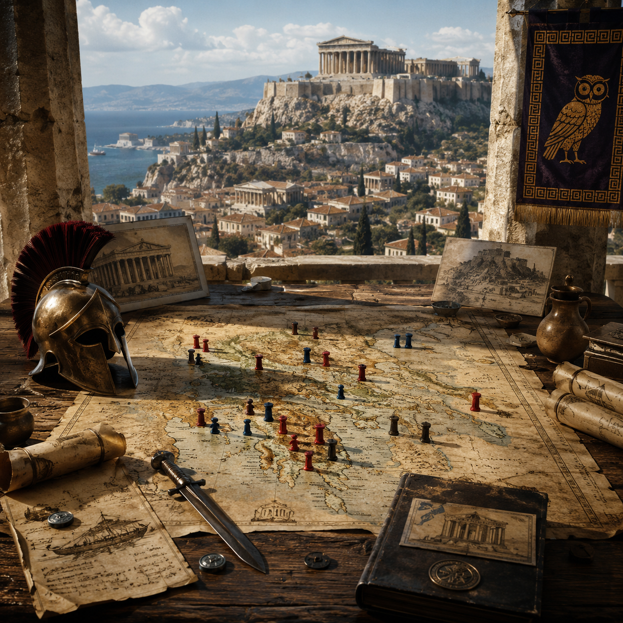 Ancient battle map with a Spartan helmet, sword, and scrolls overlooking the Acropolis of Athens.